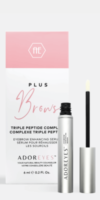 The Adoreyes Brow Growth Serum bottle open displaying the unique sponge-tipped applicator with product box on a soft light grey background